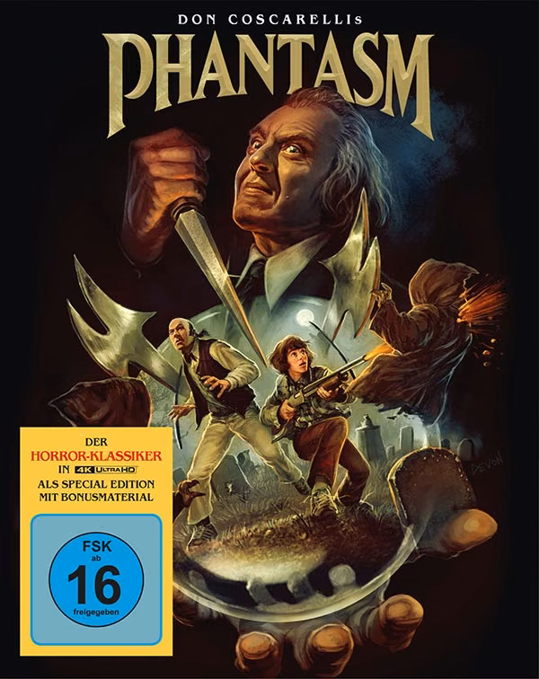 Phantasm – Das Böse · PLAION PICTURES · PLAION-Mediabook – 4K UHD + Blu-ray + DVD. Originalmotiv zur genauen genannten Ausgabe recherchieren, keine falsche Schwestercover-Datei übernehmen.