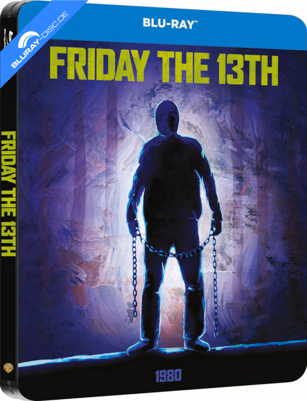 Freitag der 13. (1980) · Warner Home Video · Englischer Titel · gelbgrüne Schrift · Figur vor blauviolettem Wald